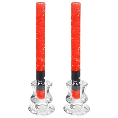 Glass candle holders set of 2x and 12x red dinner candles 25 cm