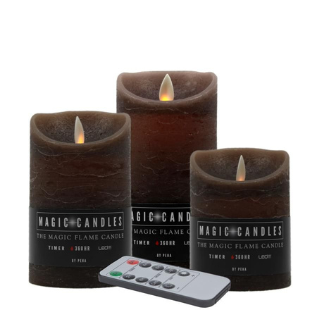 LED candles - set 3x pcs - brown - with black metal tray 22 cm
