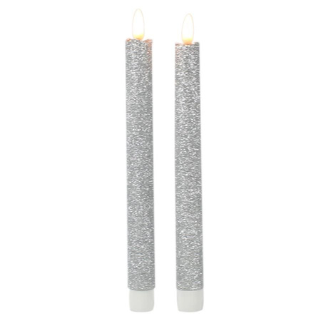 Candle set 2x pcs Led candles glitter silver 25,5 cm