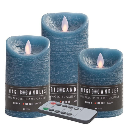 LED candles - set 3x pcs - jeans blue - with black metal tray 22 cm