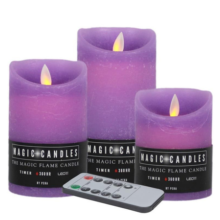 LED kaarsen/stompkaarsen - 3x st - lavendel paars - met zwart rond kaarsenbord 22 cm