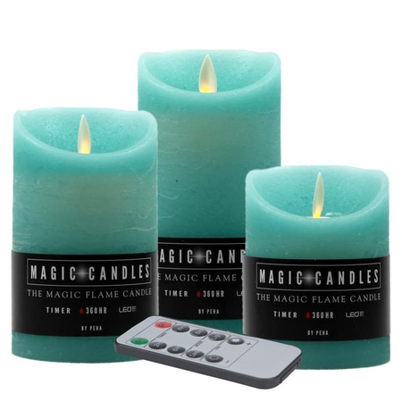 LED candles - set 3x pcs - turquoise blue - with black metal tray 29,5 cm