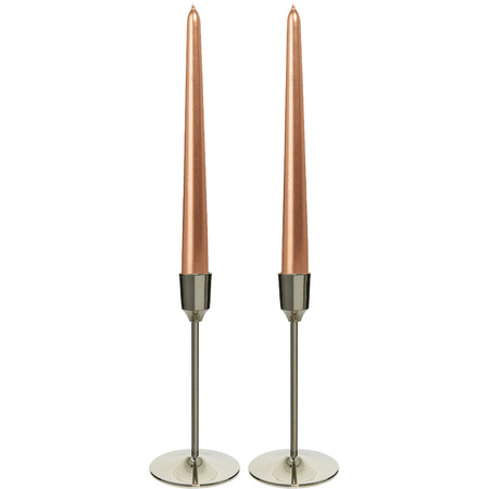Candle holders set 2x aluminium silver 15 cm with 12x rose gold candles 25 cm