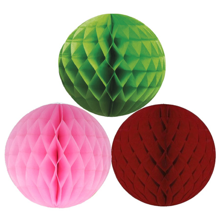 Christmas deco set 6x paper baubles 10 cm green lightpink and bordeaux red
