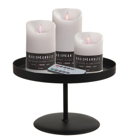 LED candles - set 3x pcs - white - with black metal tray 22 cm