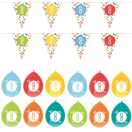 Leeftijd verjaardag  8 jaar geworden feestpakket vlaggetjes/ballonnen