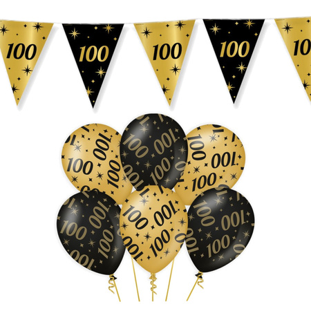 Leeftijd verjaardag feestartikelen pakket vlaggetjes/ballonnen 100 jaar zwart/goud