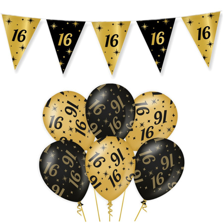 Birthday party package flags/balloons 16 years black/gold