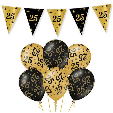 Leeftijd verjaardag feestartikelen pakket vlaggetjes/ballonnen 25 jaar zwart/goud