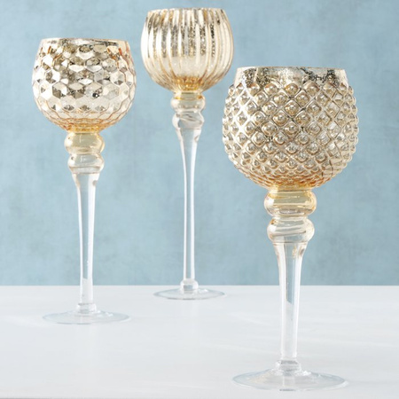 Luxe glazen design kaarsenhouders/windlichten set van 3x stuks goud transparant 30-40 cm