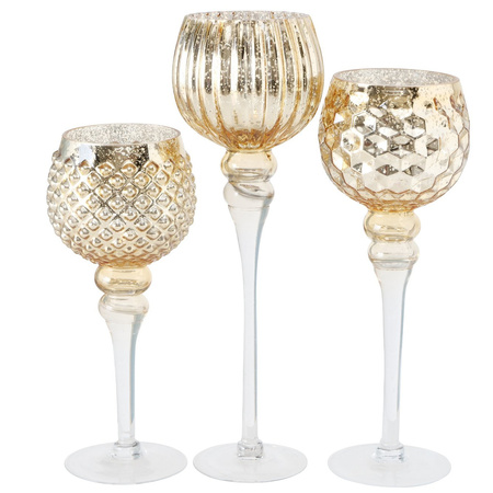 Glass design candles holders/windlights set of 3x gold/white 30-40 cm