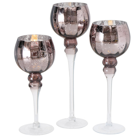 Glass design candles holders/windlights set of 3x metallic shiny taupe 30-40 cm