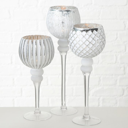 Luxe glazen design kaarsenhouders/windlichten set van 3x stuks zilver/wit transparant 30-40 cm