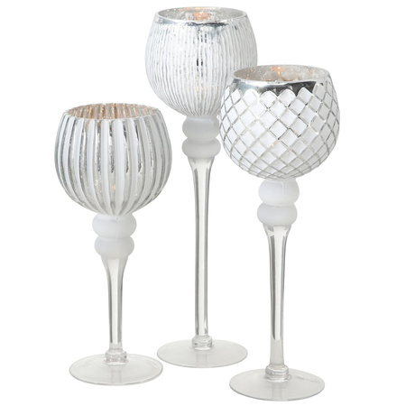 Luxe glazen design kaarsenhouders/windlichten set van 3x stuks zilver/wit transparant 30-40 cm