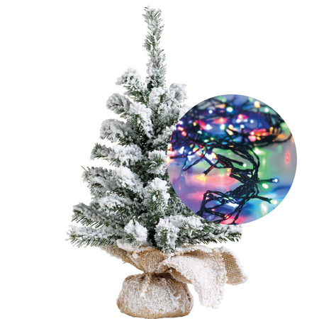 Mini kerstboom besneeuwd 45 cm - met kerstverlichting gekleurd 300 cm - 40 leds 