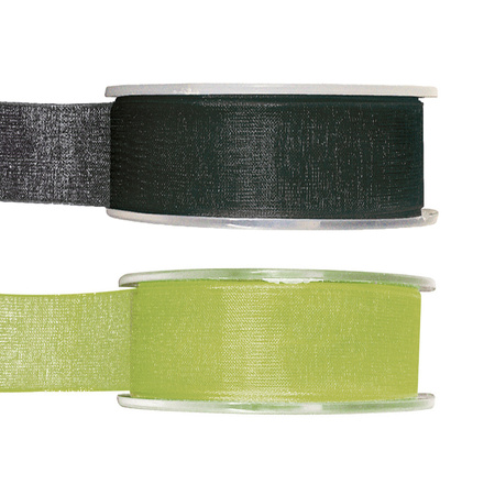 Organza deco ribbons set 2x rolls - black/green - 2,5 cm x 20 meters - hobby/decoration