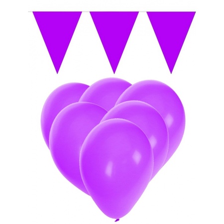 15 paarse ballonnen met 2 paarse vlaggenlijnen