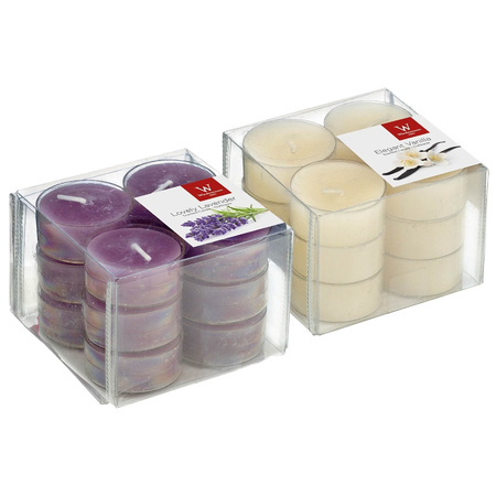 Pakket Geurkaarsen theelichtjes 24 stuks - lavendel/vanille - 4 branduren