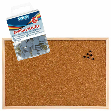 Notice board made of cork 58 x 39 cm with 100 white thumbtacks