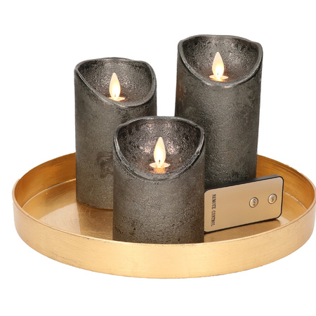 Round candle tray gold made of plastic D27 cm with 3 antracite grey LED candles 10/12.5/15 cm
