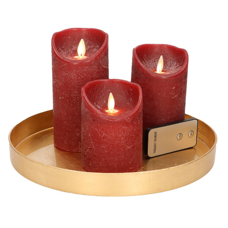 Round candle tray gold made of plastic D27 cm with 3 bordeaux red LED candles 10/12.5/15 cm