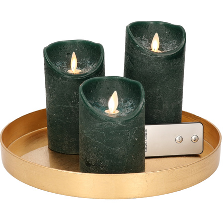 Round candle tray gold made of plastic D27 cm with 3 green LED candles 10/12.5/15 cm