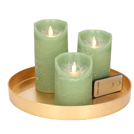 Round candle tray gold made of plastic D27 cm with 3 jade green LED candles 10/12.5/15 cm