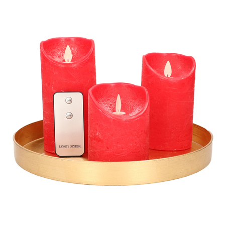 Ronde kaarsenplateau goud van kunststof D27 cm met 3 rode LED-kaarsen 10/12,5/15 cm