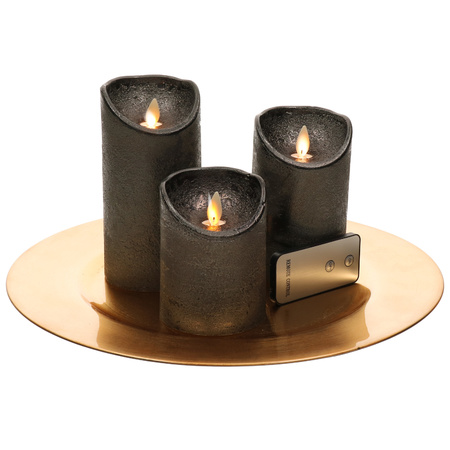 Round candle tray gold made of plastic D33 cm with 3 antracite grey LED candles 10/12.5/15 cm
