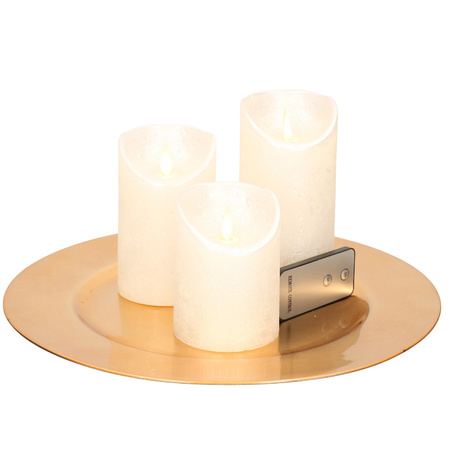 Round candle tray gold made of plastic D33 cm with 3 silver LED candles 10/12.5/15 cm