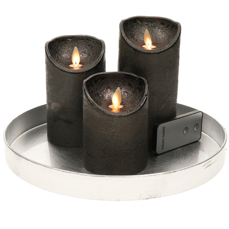 Round candle tray silver made of plastic D27 cm with 3 antracite grey LED candles 10/12.5/15 cm