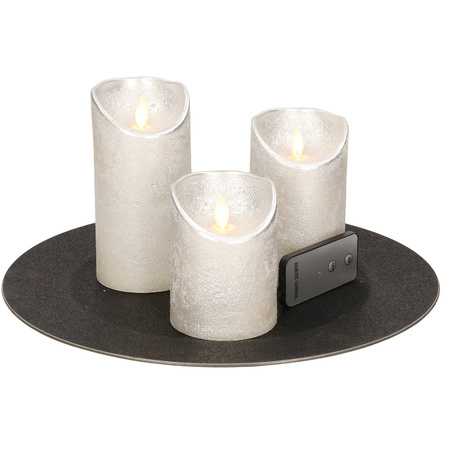 Round candle tray black made of plastic D33 cm with 3 silver LED candles 10/12.5/15 cm