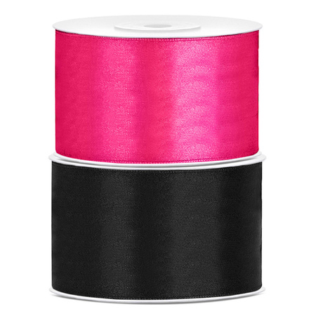 Set of 2x pieces decoration ribbons black and pink 38 mm x 25 meters
