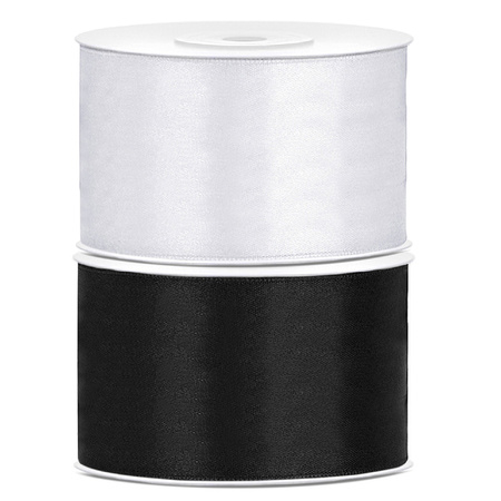 Set of 2x pieces decoration ribbons black and white 38 mm x 25 meters
