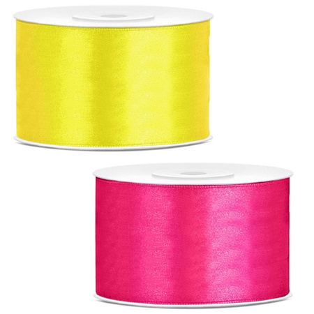 Set of 2x pieces decoration ribbons - yellow and pink - 38 mm x 25 meters
