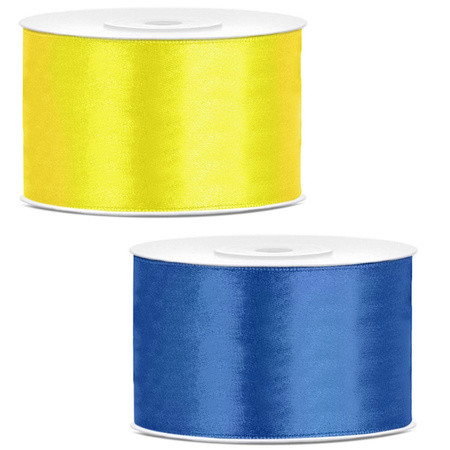 Set of 2x pieces decoration ribbons - yellow and blue - 38 mm x 25 meters