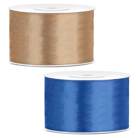 Set of 2x pieces decoration ribbons - gold and blue - 38 mm x 25 meters