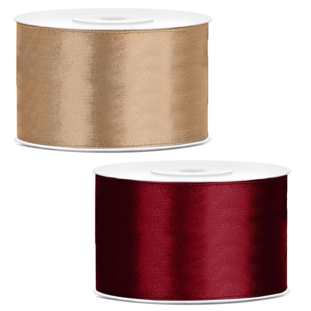 Set of 2x pieces decoration ribbons - gold and darkred - 38 mm x 25 meters