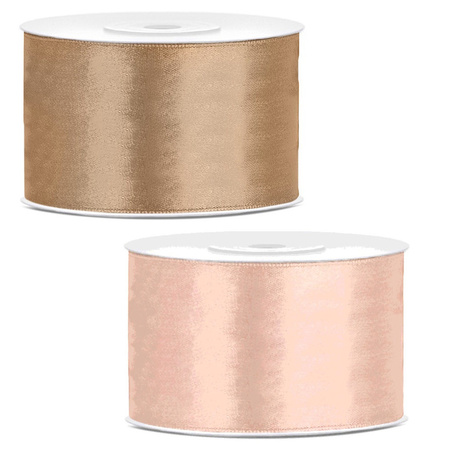 Set of 2x pieces decoration ribbons - gold and salmon pink - 38 mm x 25 meters