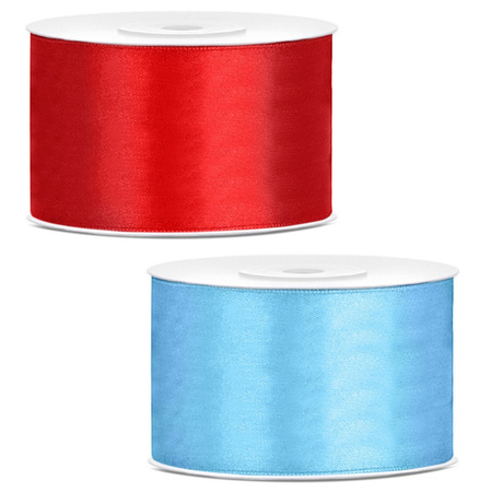 Set of 2x pieces decoration ribbons - red and lightblue - 38 mm x 25 meters