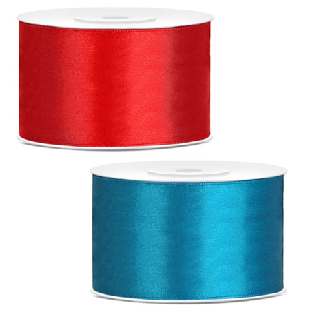 Set of 2x pieces decoration ribbons - red and turquois - 38 mm x 25 meters
