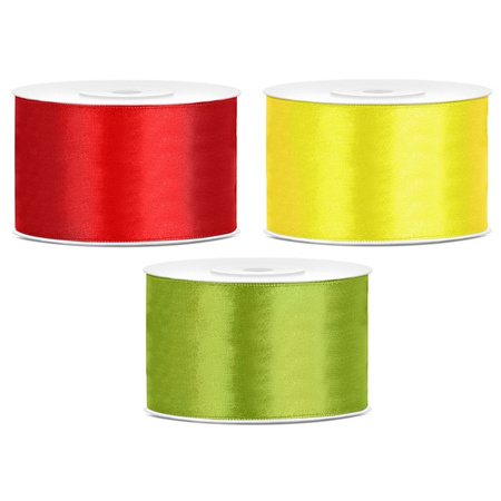 Set of 3x pieces decoration ribbons - geel/red/green - 38 mm x 25 meters