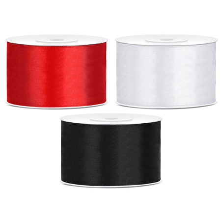 Set of 3x pieces decoration ribbons - white/red/black - 38 mm x 25 meters