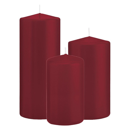 Set  of 3x cylinder candles darkred 12-15-20 cm