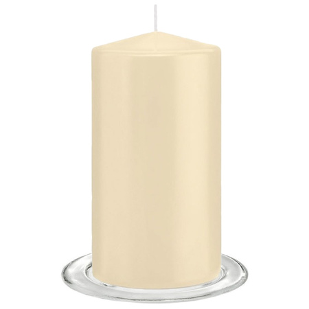 Trend Candles - Stompkaarsen met glazen onderzetters set van 2x stuks - creme wit 8 x 15 cm