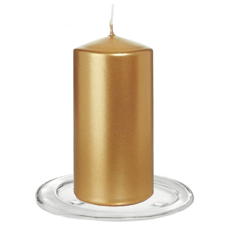 Trend Candles - Stompkaarsen met glazen onderzetters set van 2x stuks - goud metallic 6 x 12 cm