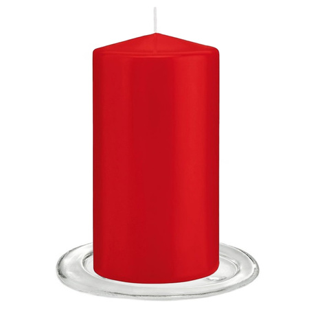 Trend Candles - Stompkaarsen met glazen onderzetters set van 2x stuks - helder rood 8 x 15 cm