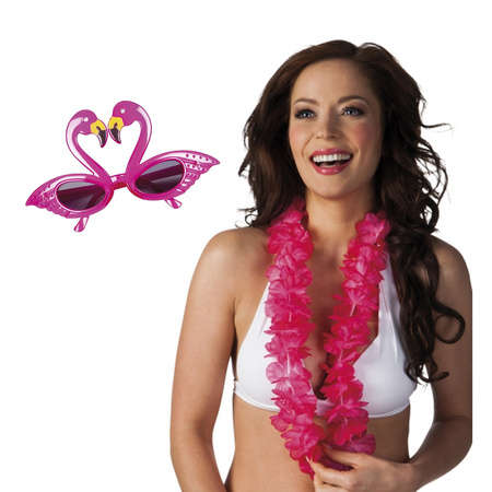 Tropische Hawaii party verkleed accessoires set - Flamingos zonnebril - bloemenkrans roze