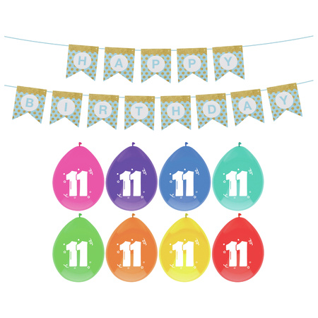 Verjaardag 11 jaar geworden versiering - 16x thema ballonnen - 1x Happy Birthday slinger 300 cm