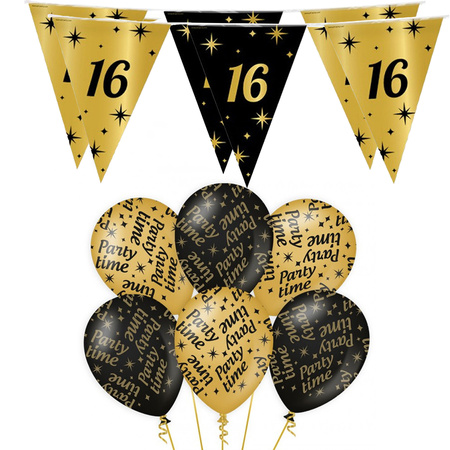 Verjaardag 16 jaar versiering pakket zwart/goud 16 en party-time